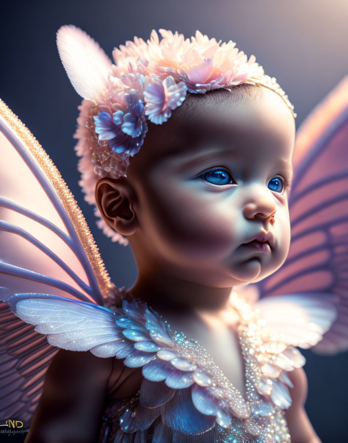 Baby with fairy wings and floral headband in soft light