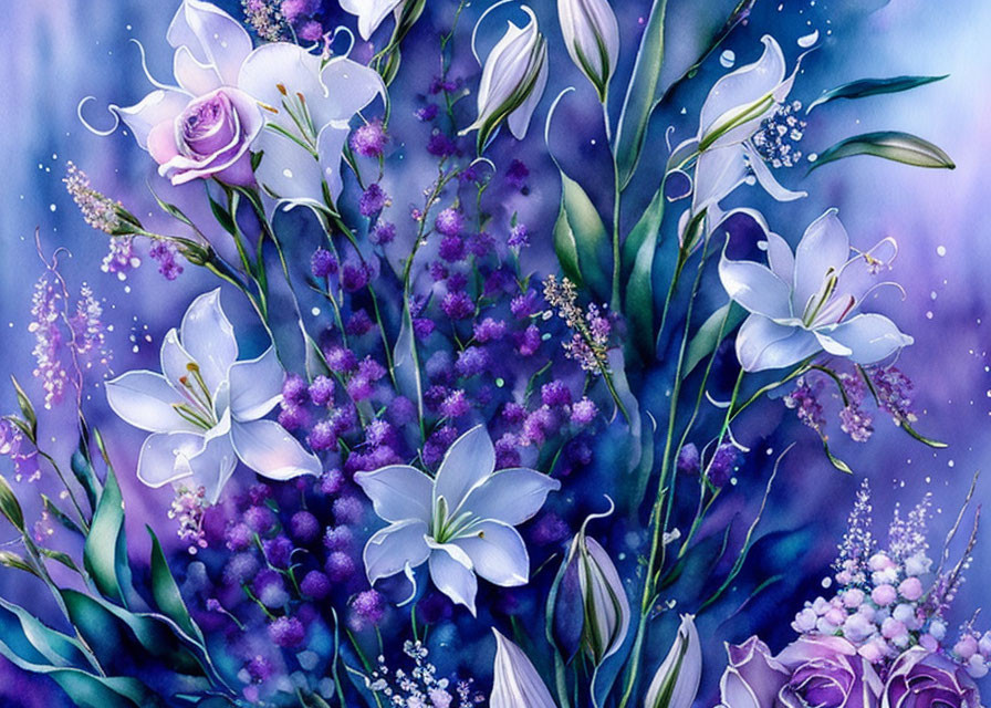 White and Purple Flowers Watercolor Painting on Textured Blue Background