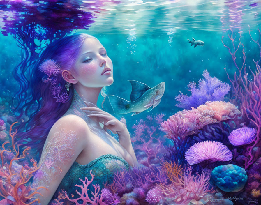 Purple-haired mermaid in vibrant coral reef scene