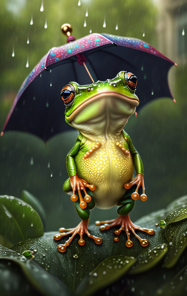 Standing frog with polka-dot umbrella in rain on leafy surface