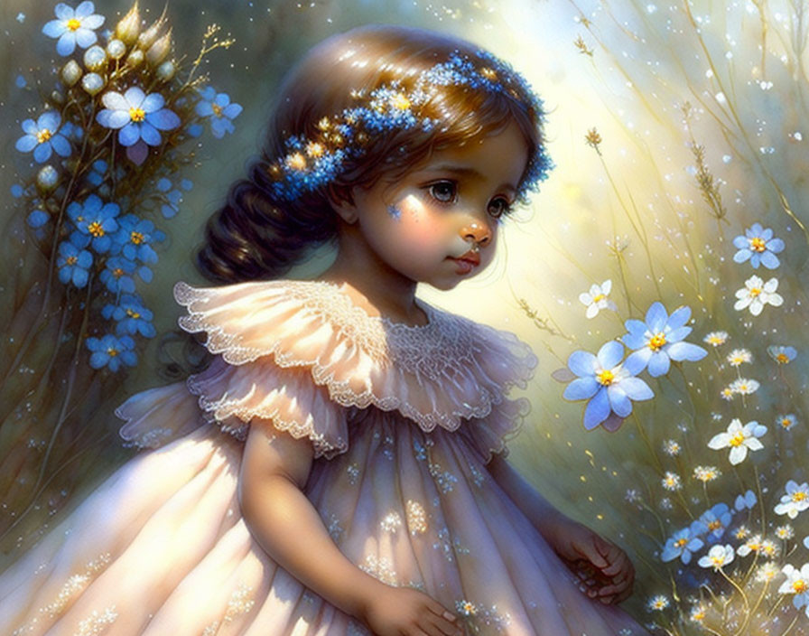 Young girl with dark hair in white dress among blue flowers in soft light