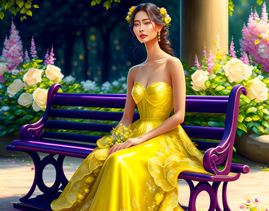 Woman in Yellow Dress Sitting on Purple Bench in Lush Garden