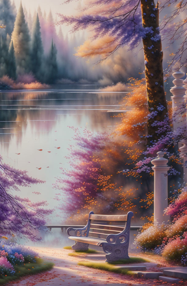 Tranquil Lakeside Bench Surrounded by Purple Foliage