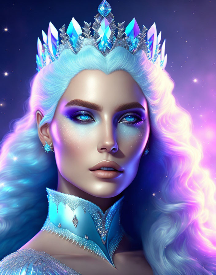 Digital portrait of woman with crystal crown, blue makeup, and purple hair on starry backdrop