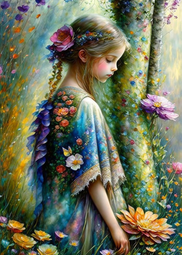 Colorful painting of young girl with flowers in hair and floral cape among vibrant flowers and birch trees