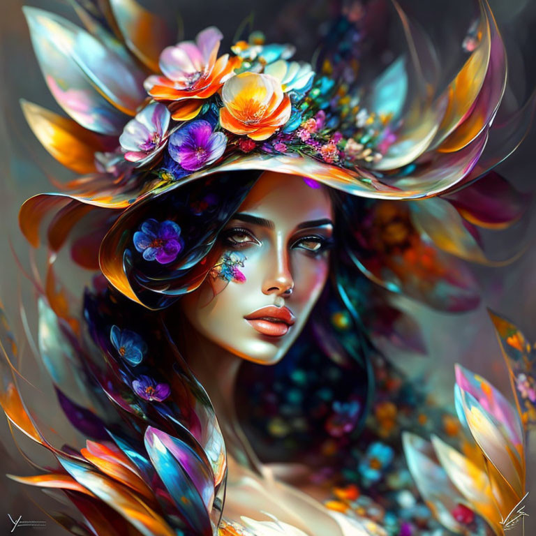 Vibrant floral hat and feathers adorn woman in artistic portrait