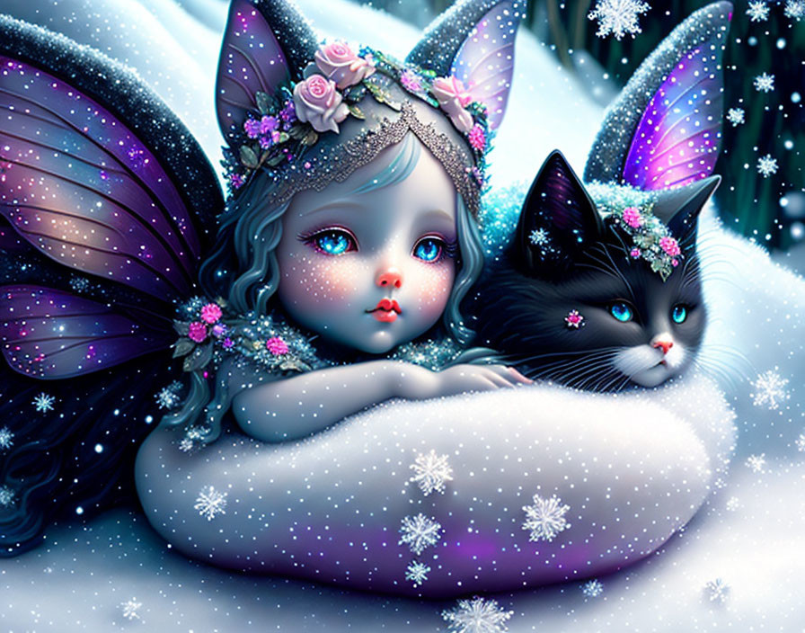 Digital artwork featuring girl with fairy wings, black cat, and snowy landscape