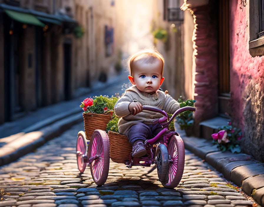 Surprised toddler on tricycle with flowers in sunlight