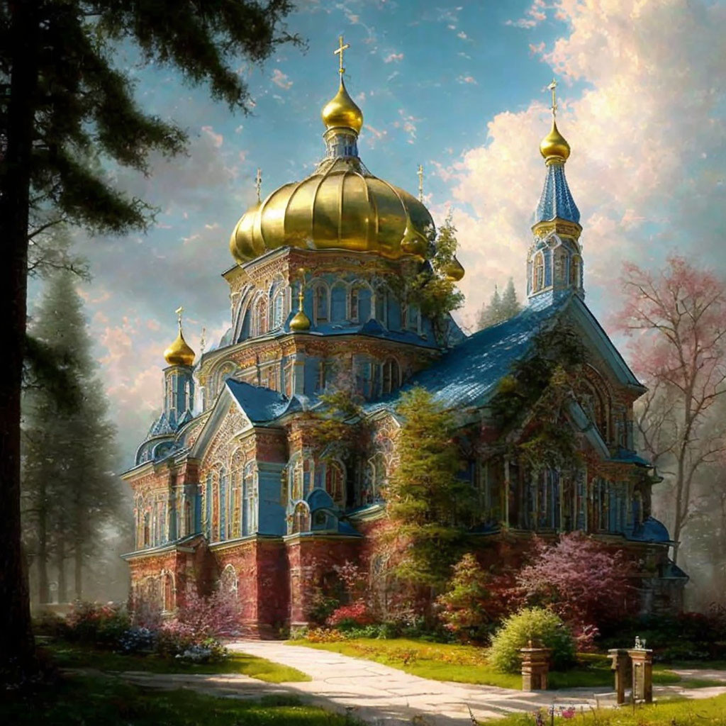 Eastern Orthodox Church with Golden Domes in Forested Landscape