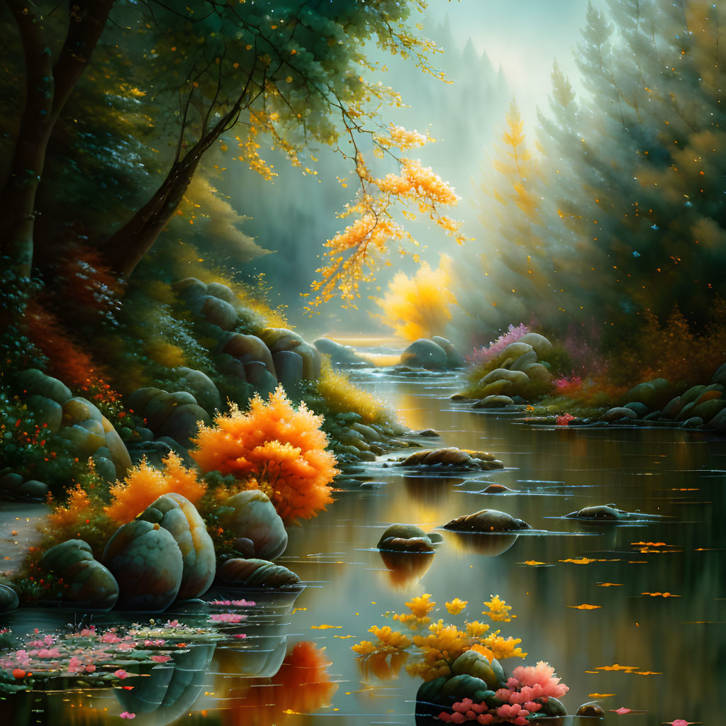 Tranquil river scene with autumn trees and colorful reflections