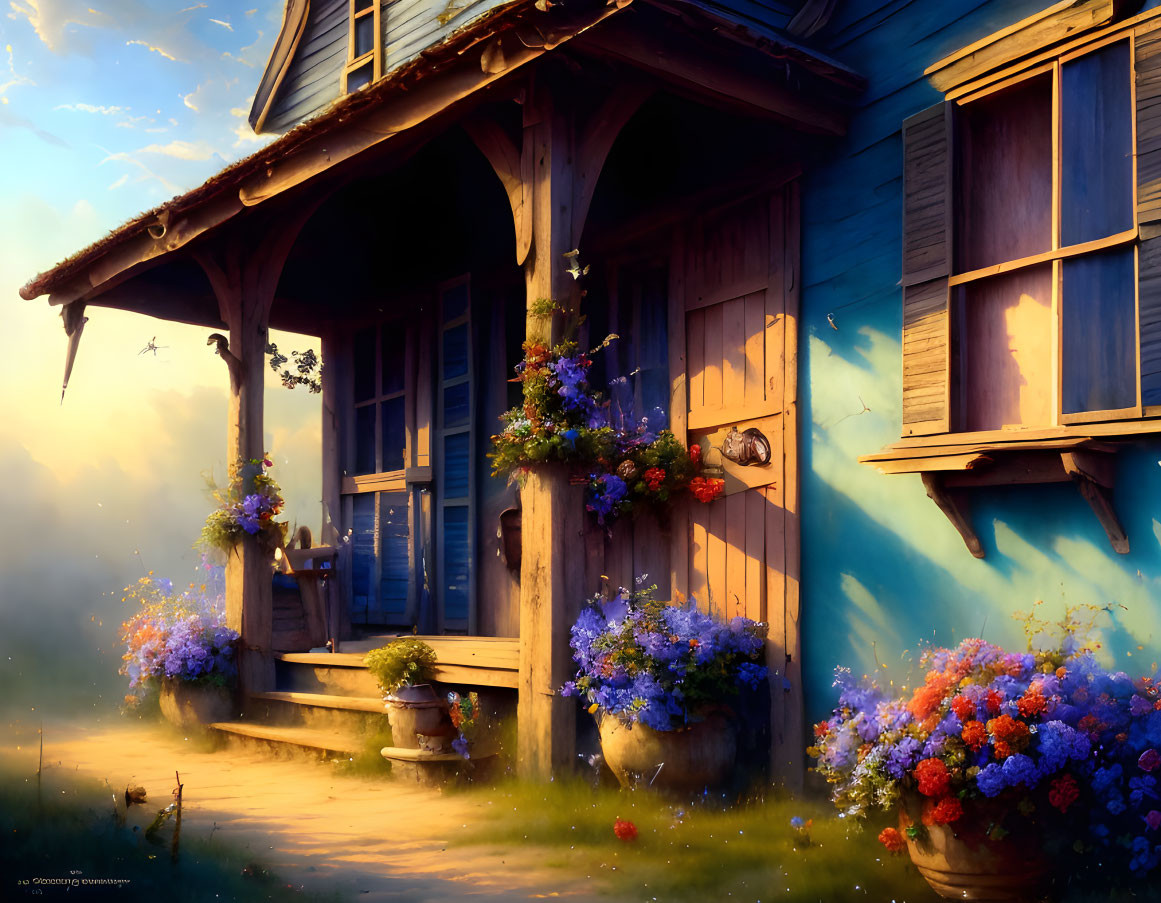 Charming wooden house with flower boxes and porch at sunset