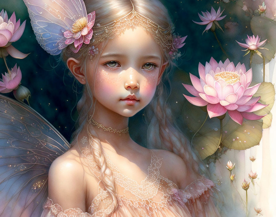 Translucent-winged fairy surrounded by lotus flowers and ethereal glow