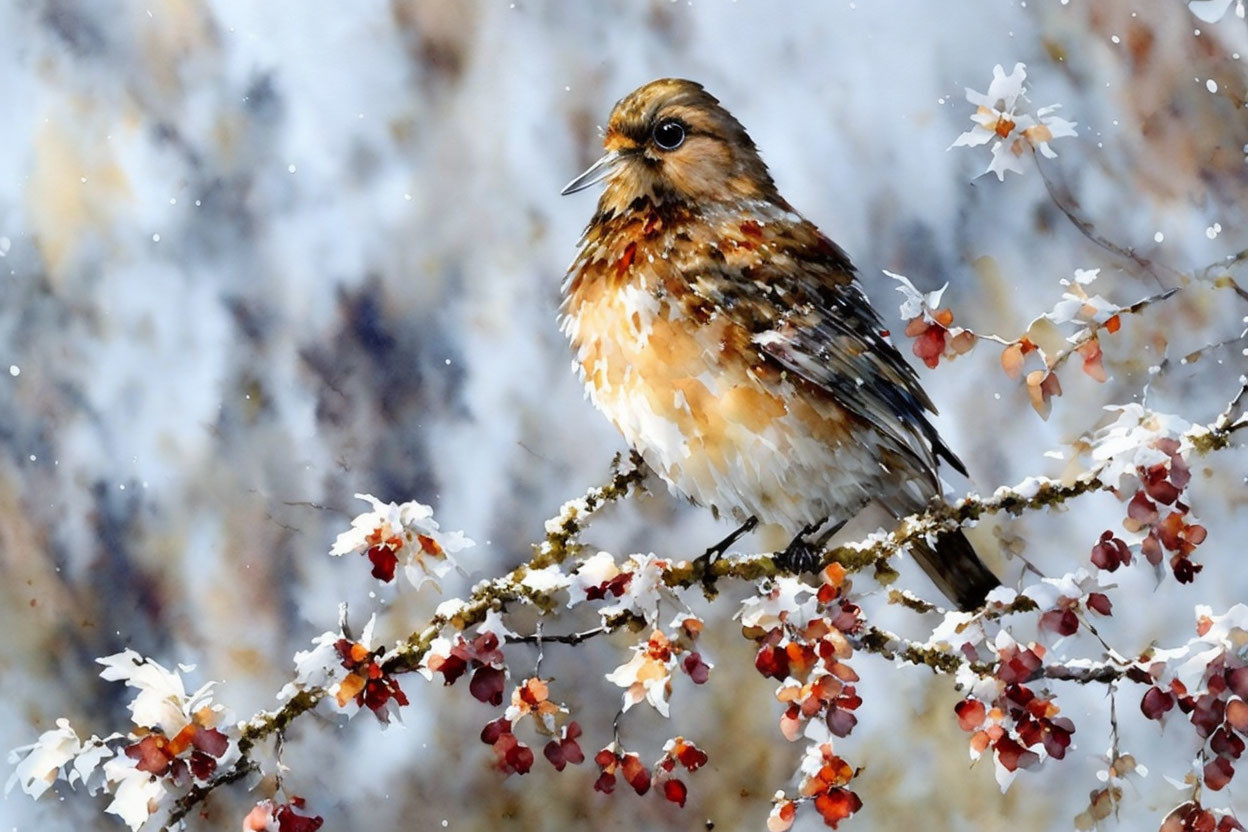 Brown and White Bird Perched on Snowy Branch with Red Berries