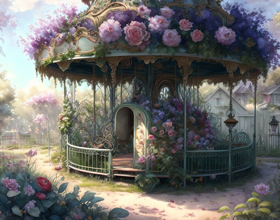 Ornate carousel with roses and wisteria in tranquil garden setting