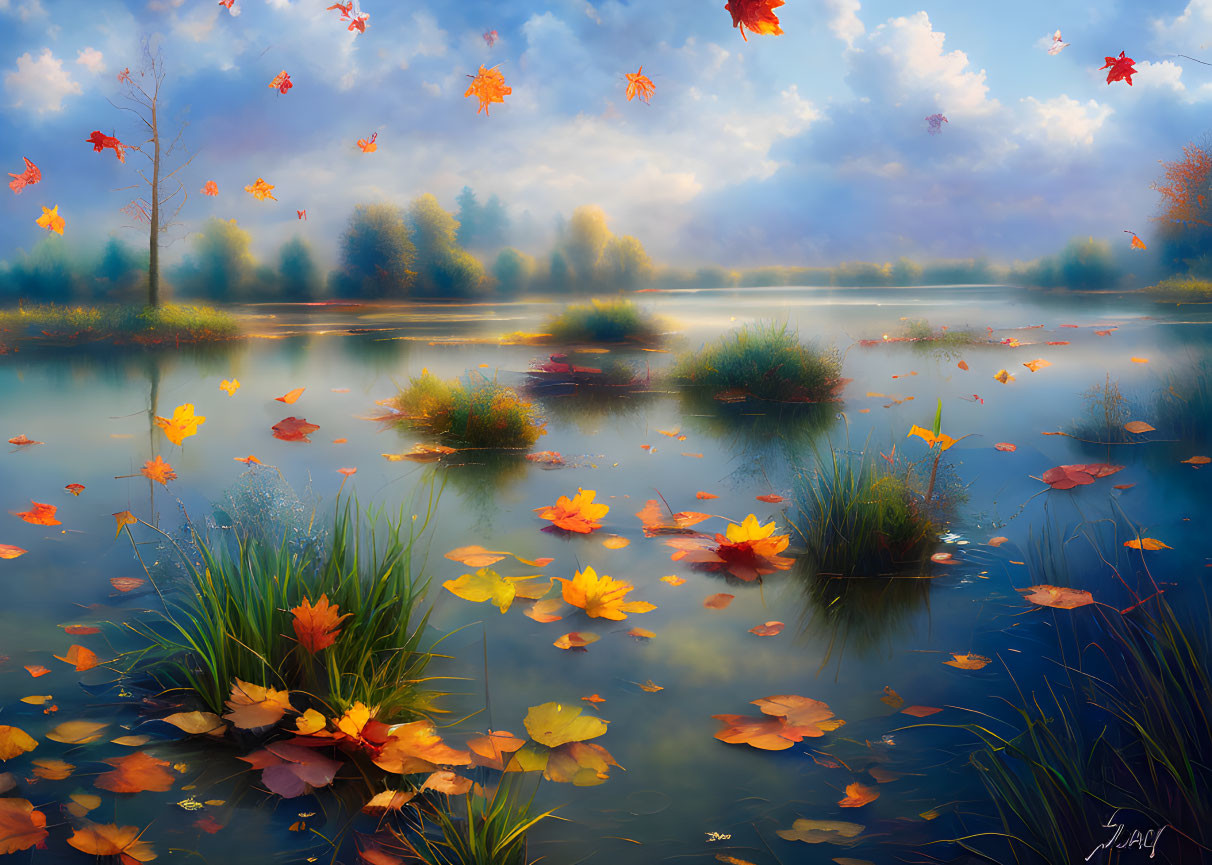 Tranquil autumn landscape with misty lake and falling leaves