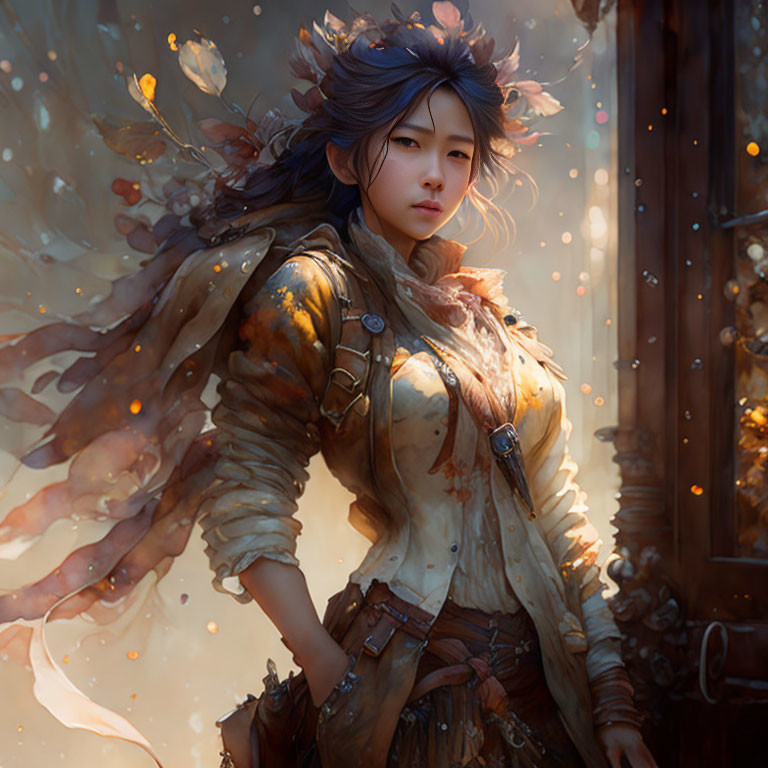 Digital artwork: Woman with blue hair in fantasy setting with golden leaves.