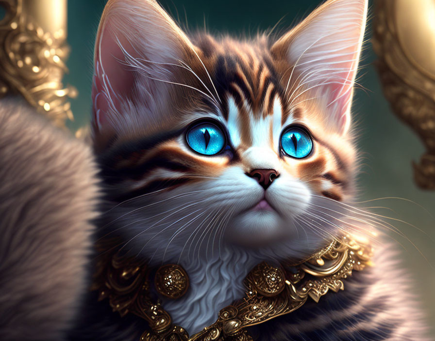 Detailed image of a kitten with blue eyes and golden collar