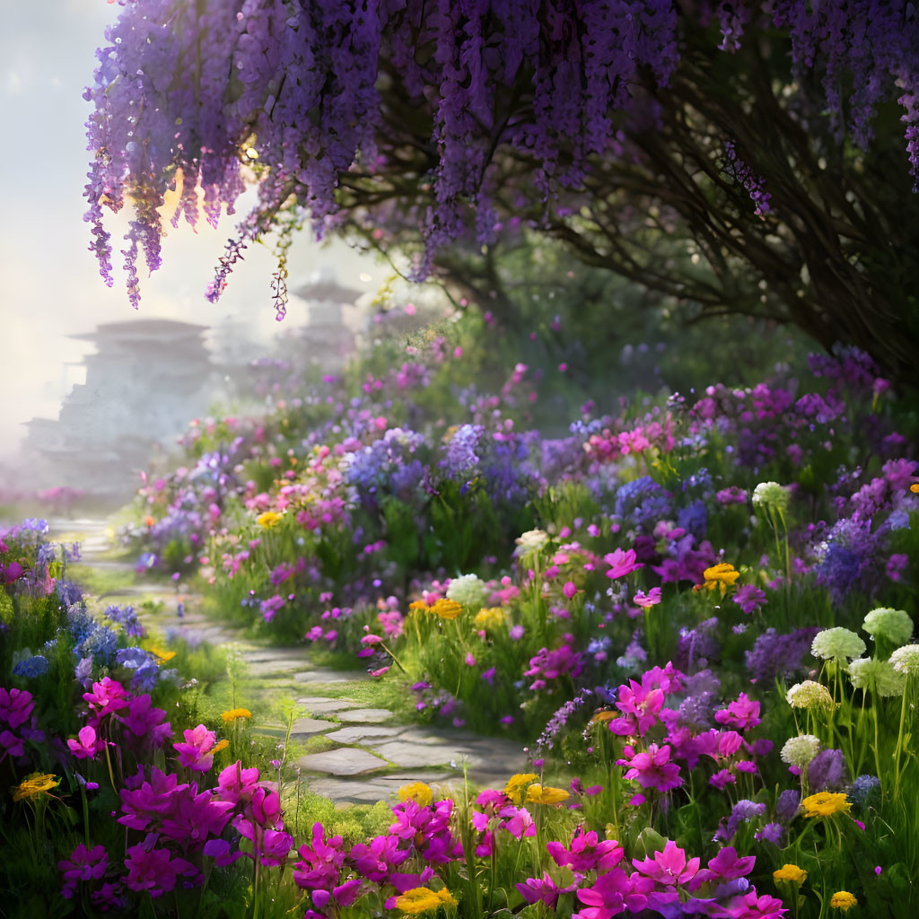 Tranquil garden pathway with vibrant flowers and wisteria leading to traditional structure