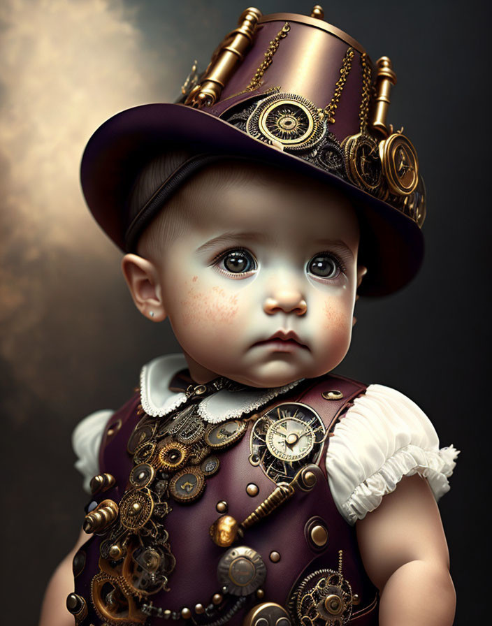 Steampunk-inspired baby in gear-decorated outfit.