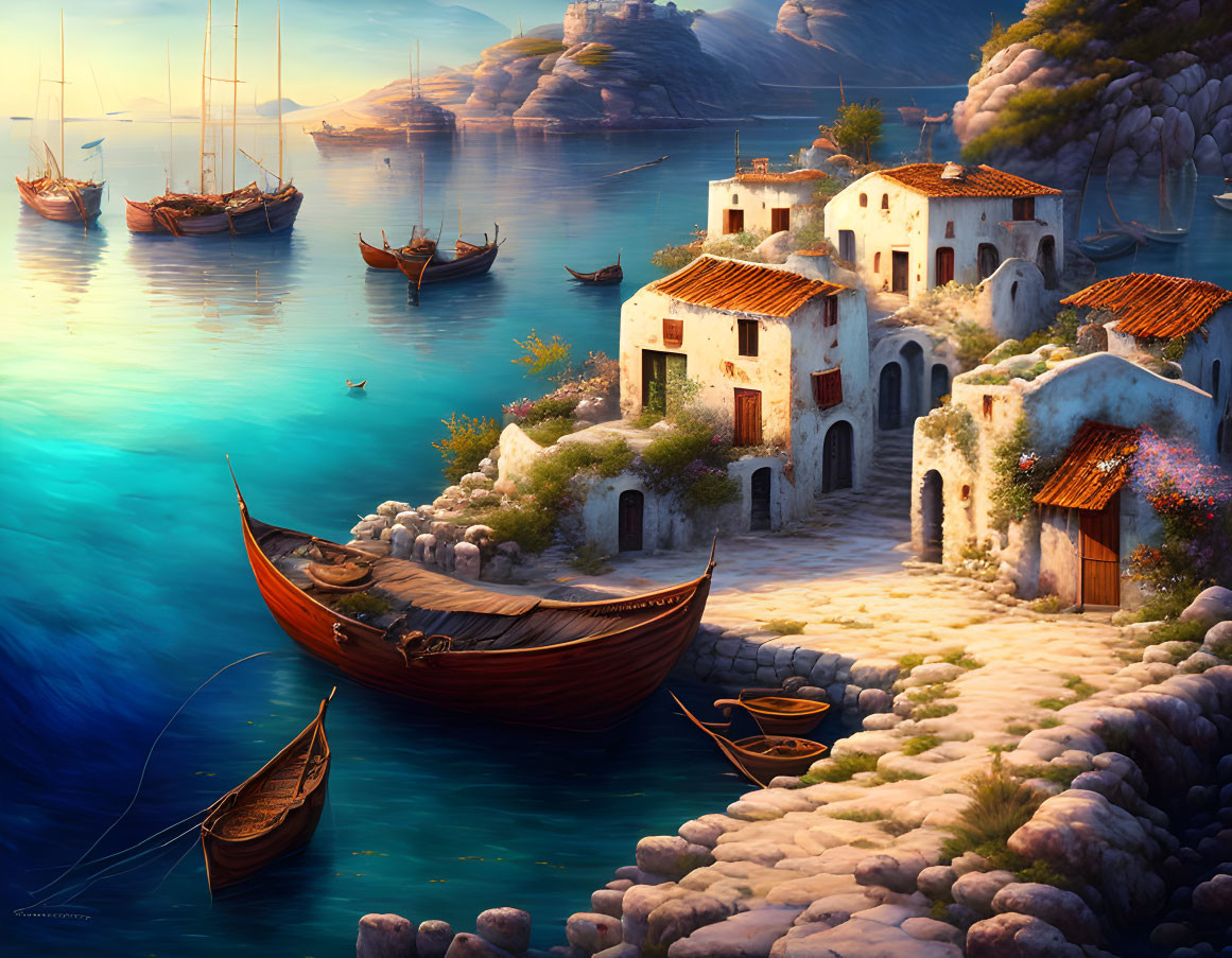 Coastal scene with boats, white houses, cliffs, and serene sky