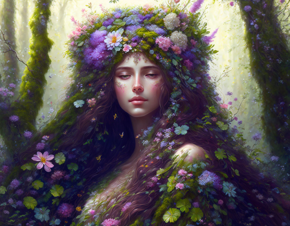 Mystical female figure with flower crown in forest setting