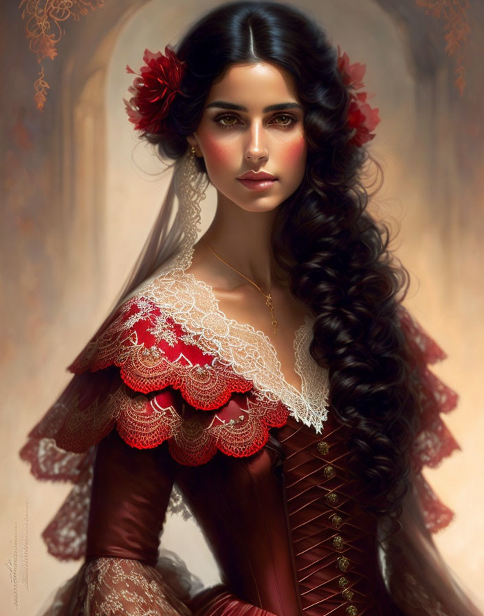 Portrait of woman with long dark hair, red flowers, brown and red lace dress