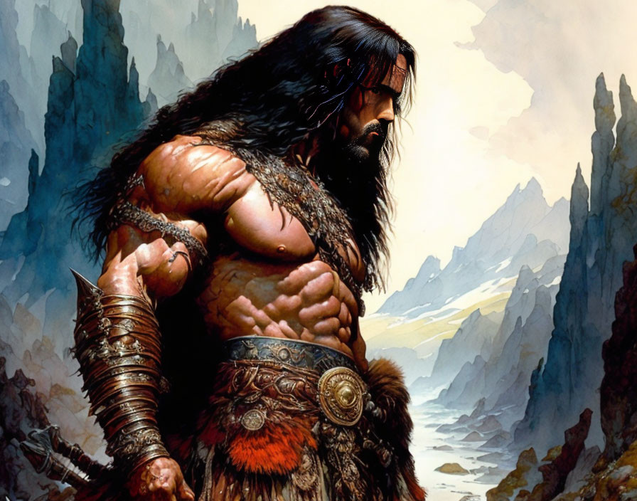 Muscular warrior in fur and armor against snowy mountain landscape