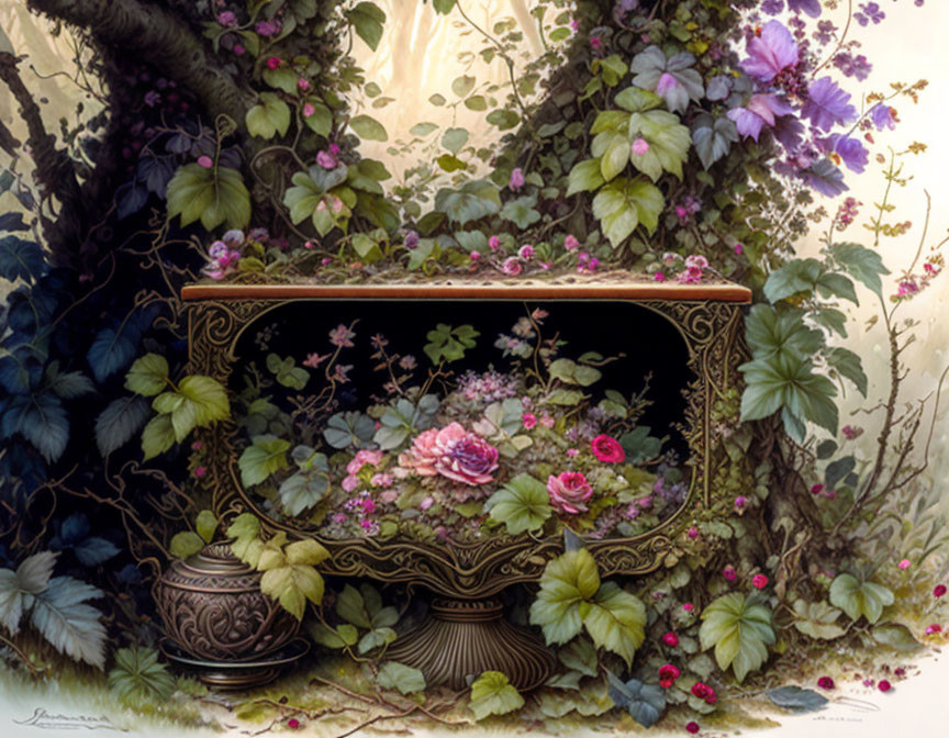 Illustration of ornate antique drawer filled with flowers in mystical forest.