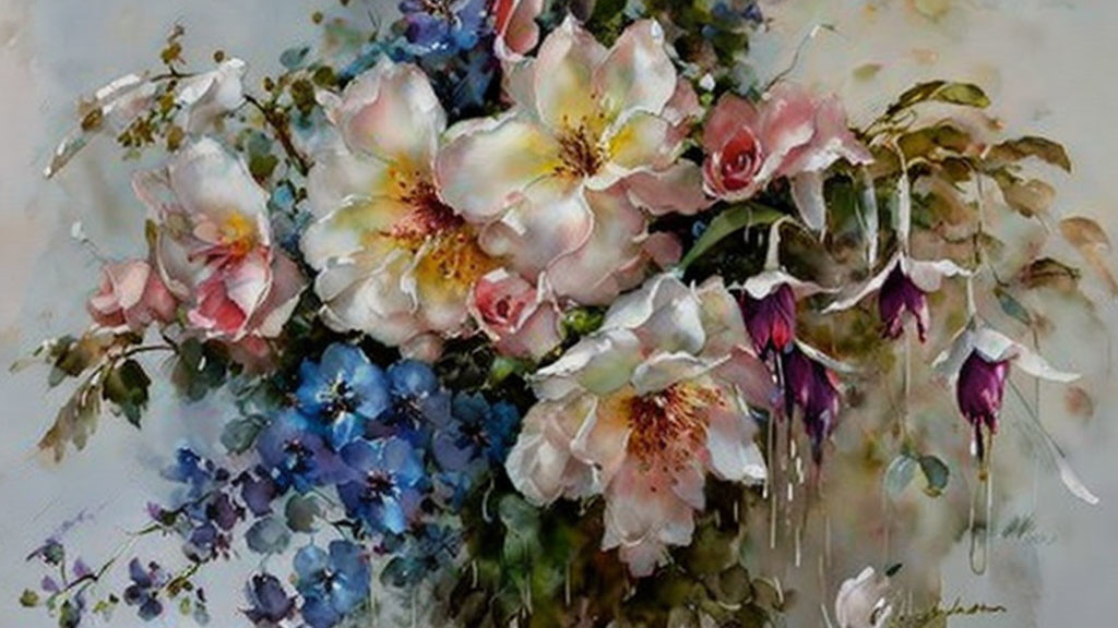 Colorful Impressionist-Style Bouquet Painting in White, Pink, Blue, and Green