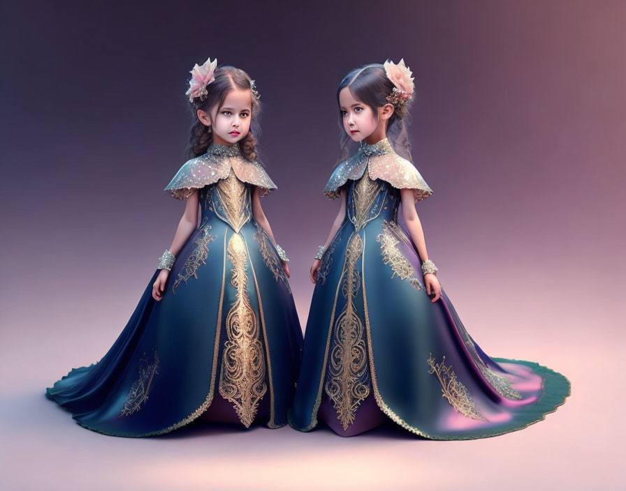 Two girls in fantasy gowns with golden embroidery on gradient background