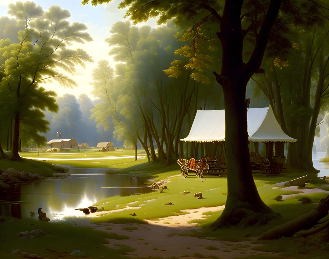 Tranquil camping scene by river in lush forest with ducks, sunlight, and horse-drawn cart