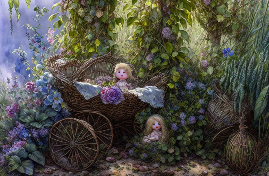 Dolls in garden setting with wicker pram and lush foliage