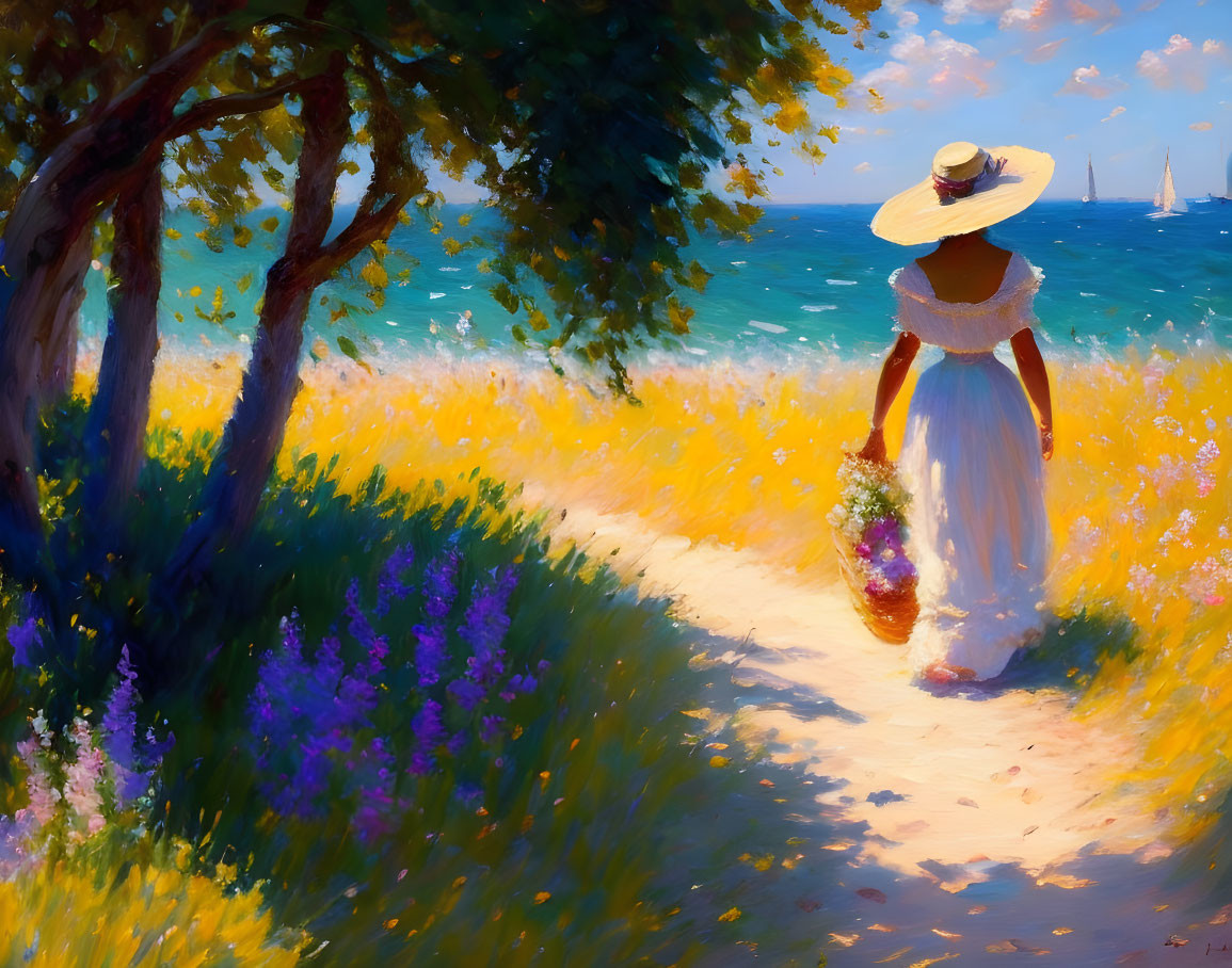 Woman in white dress and sun hat strolling on flower-lined path by the sea