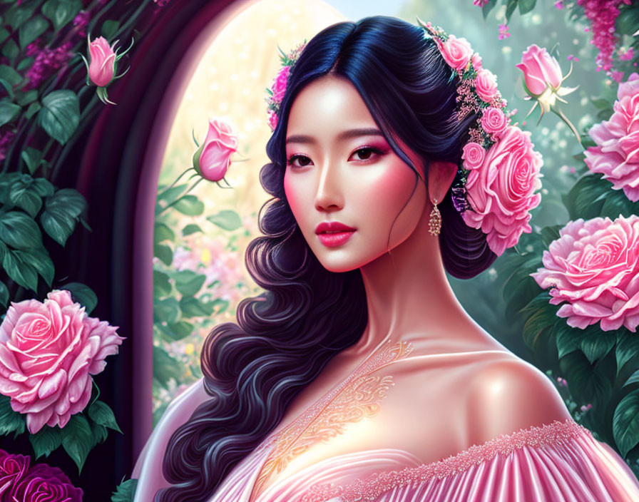 Illustration of woman with long wavy hair and pink flowers in elegant pose amid lush roses