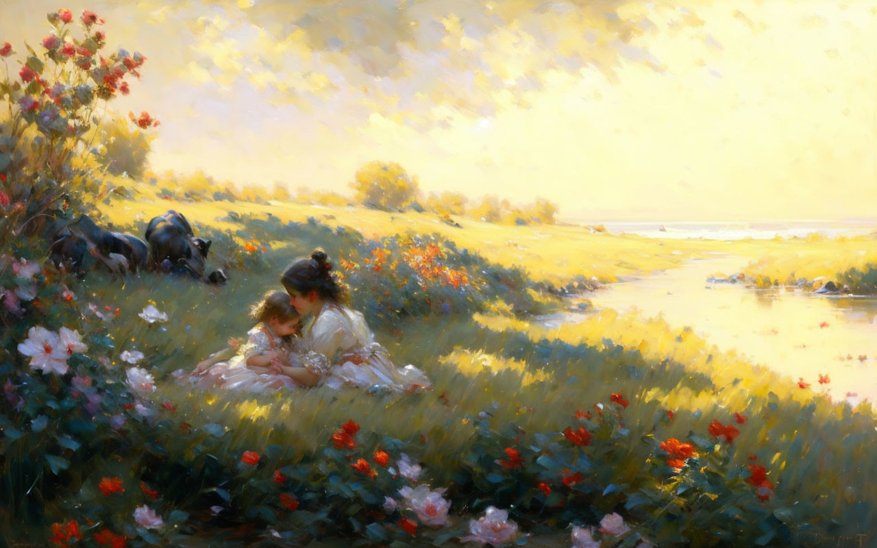 Two people relaxing in a flower-filled meadow by a river with a horse nearby