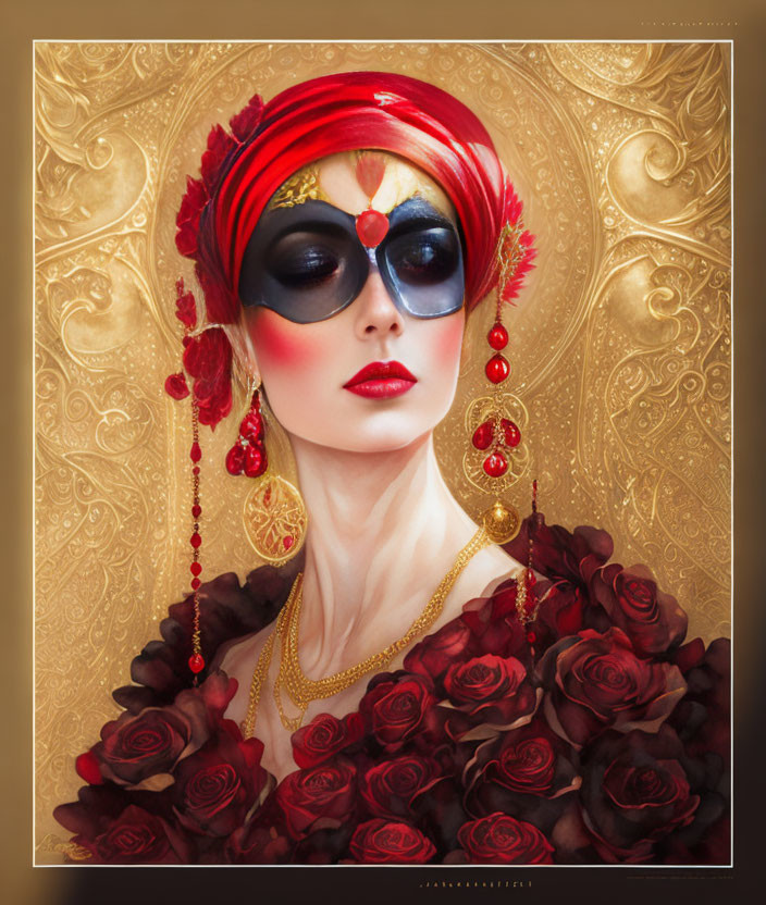 Woman in red headscarf and sunglasses with gold jewelry surrounded by dark red roses on ornate golden