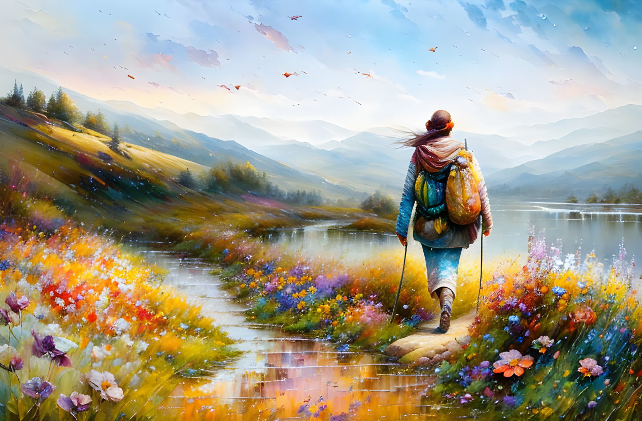 Hiker in flower-filled landscape with mountains and birds