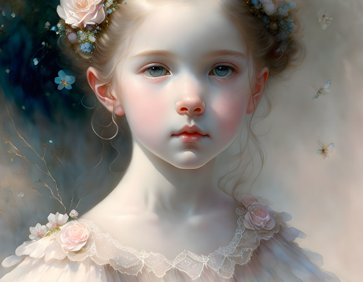 Young girl with fair skin, blue eyes, blonde hair, flowers, and butterflies.