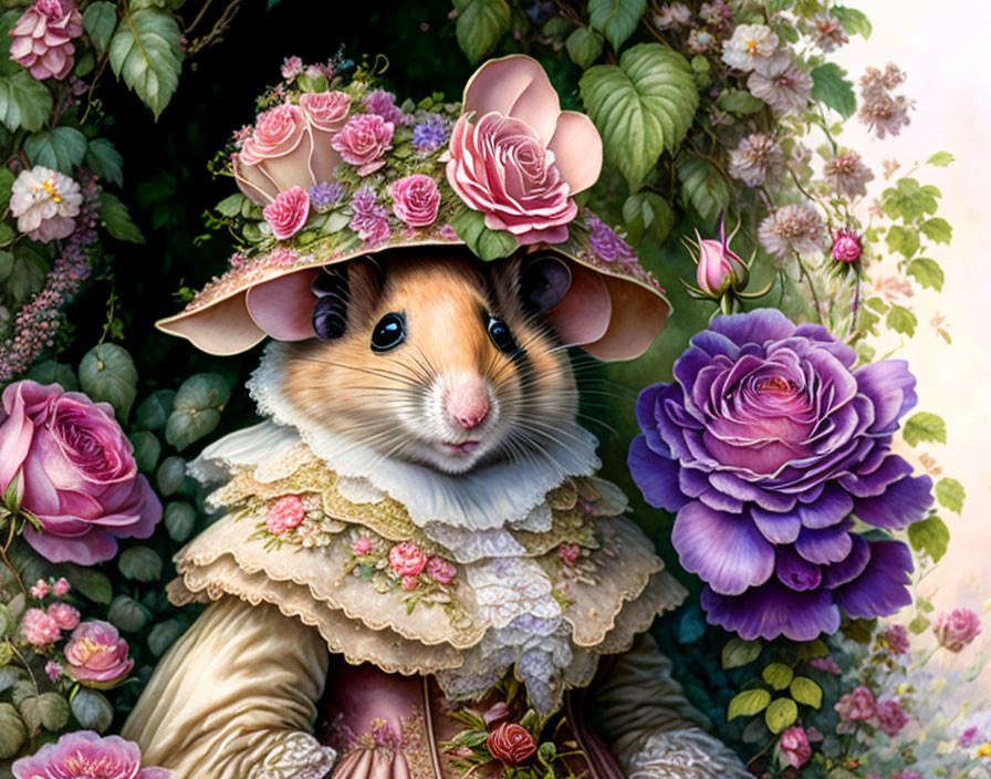 Guinea Pig in Vintage Frilly Outfit with Wide-Brimmed Hat and Floral Background