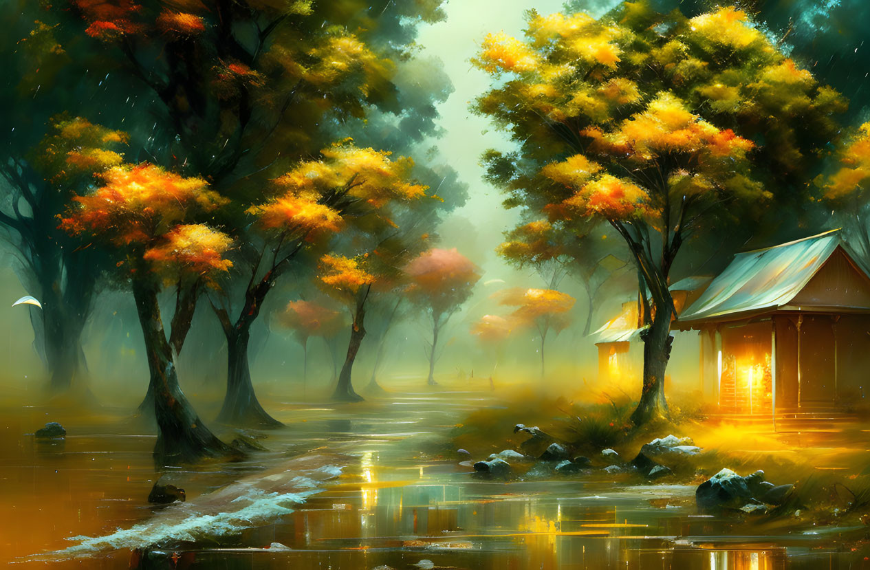 Golden-hued autumn forest with cottage and misty water path