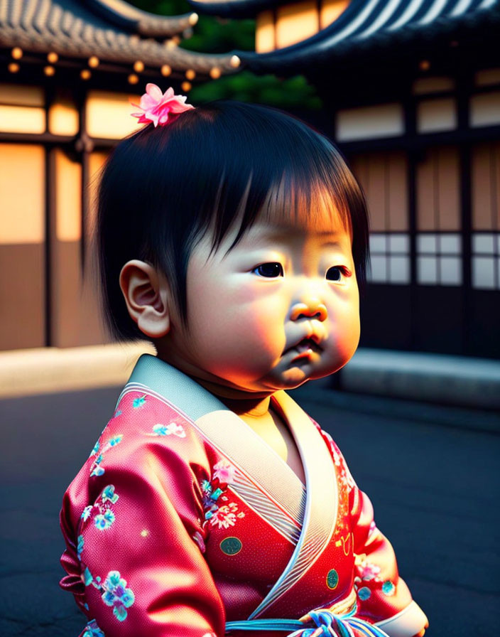 Toddler in Floral Kimono with Pink Flower in Hair and Japanese Building Background