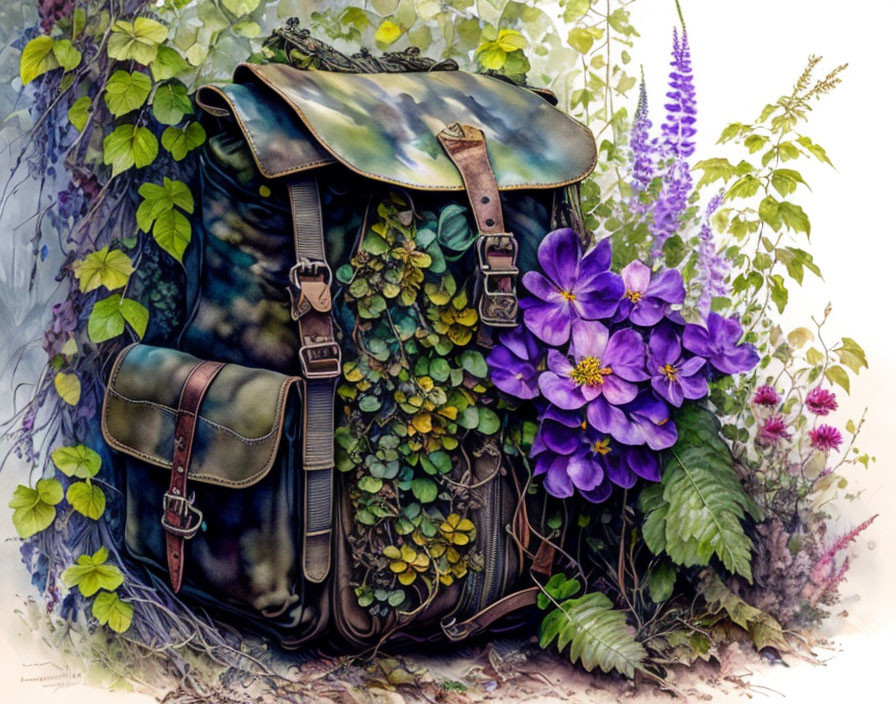 Vibrant Leather Backpack Illustration with Greenery and Purple Flowers