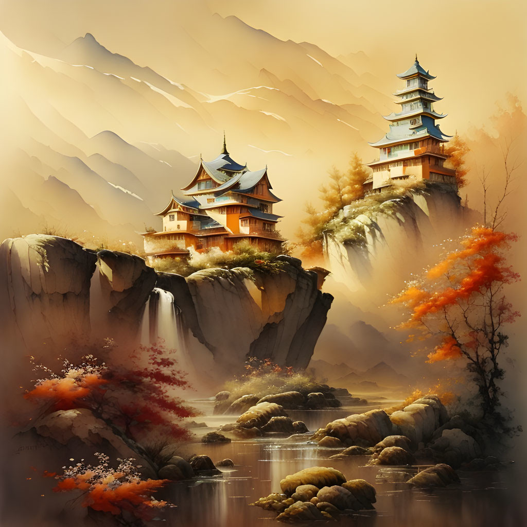 Traditional Asian Pagodas on Cliff with Waterfalls and Autumn Foliage