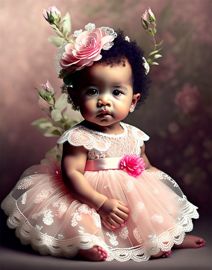 Curly-Haired Toddler in Pink Floral Headband and Dress on Muted Background