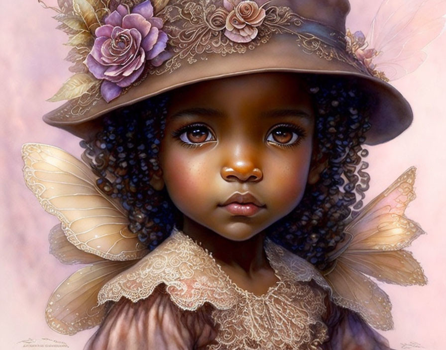 Portrait of young girl with big brown eyes, curly hair, floral hat, and butterfly wings