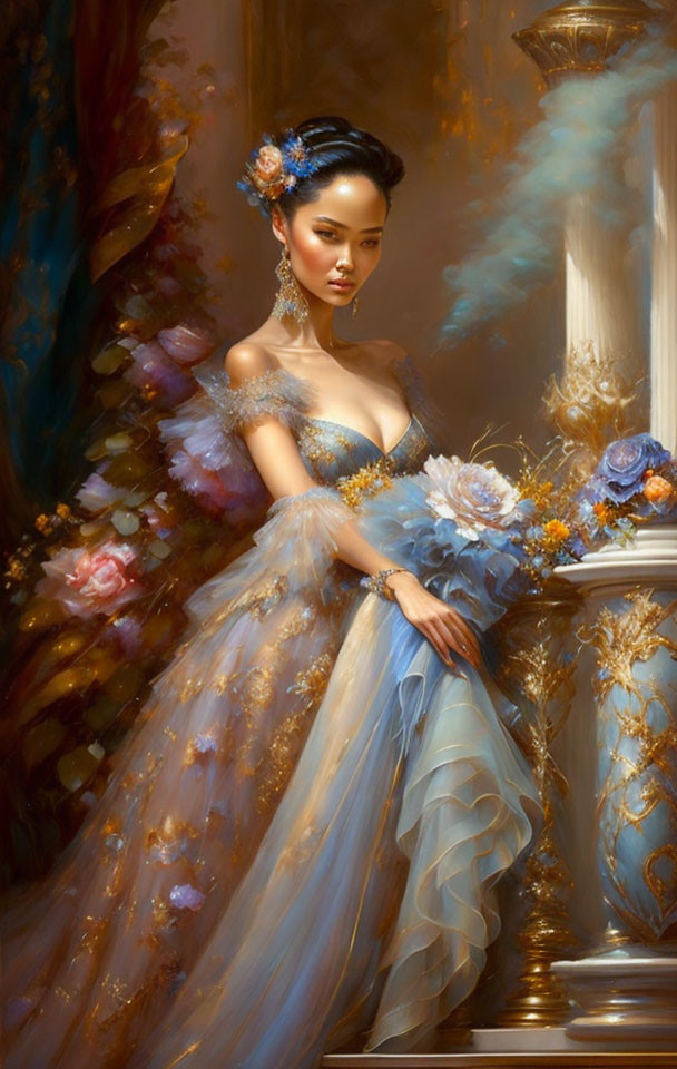 Woman in Blue Floral Gown Poses Gracefully on Ornate Background