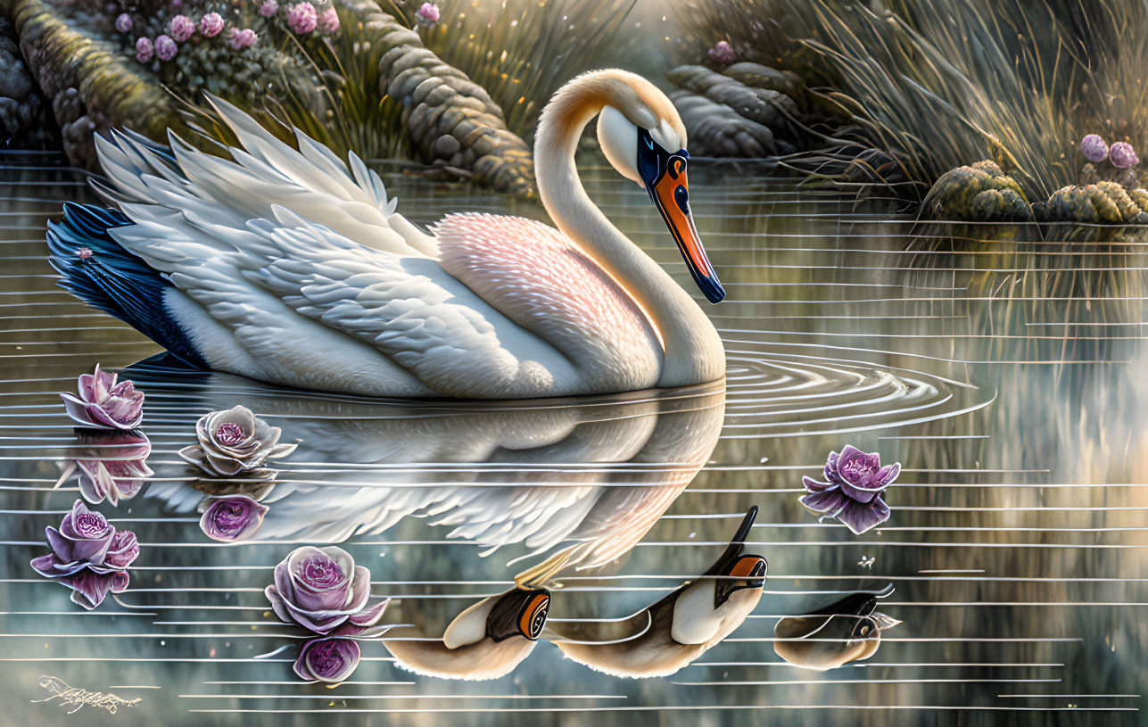 Colorful Swan Reflection Surrounded by Pink Water Lilies