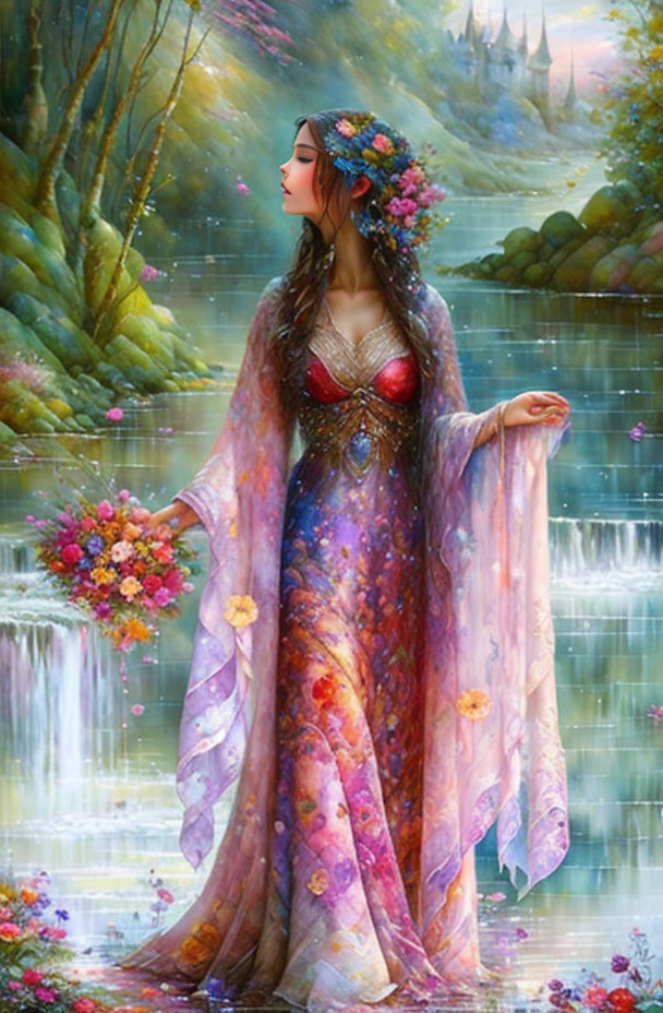 Woman in floral starry gown poses in front of waterfall in fantastical landscape