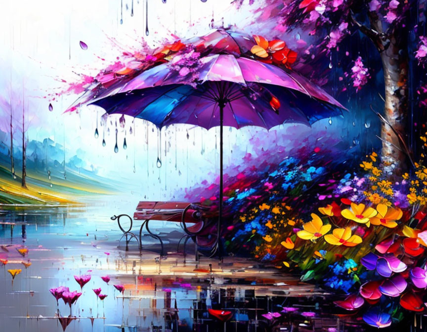 Vibrant rainy street scene with flowers, floating umbrella & bench in colorful painting