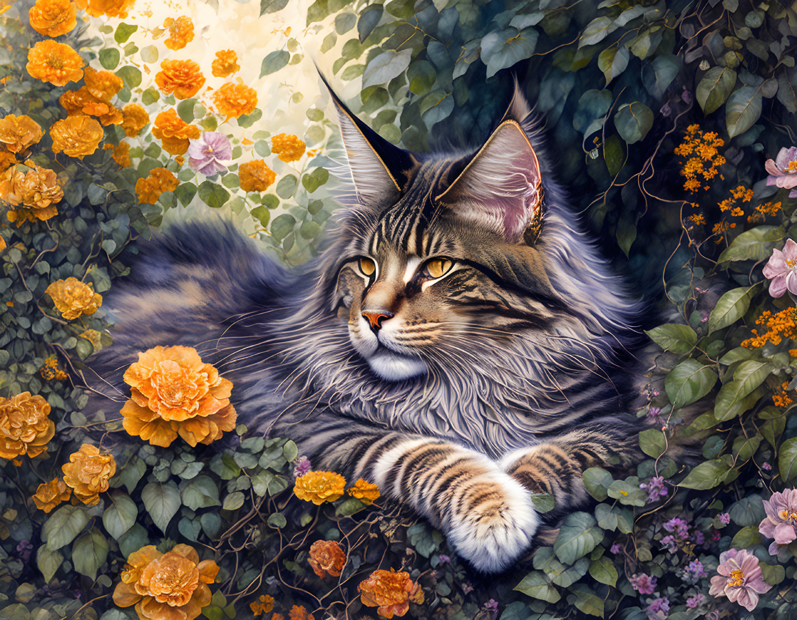 Tabby Cat Relaxing Among Orange and Pink Flowers